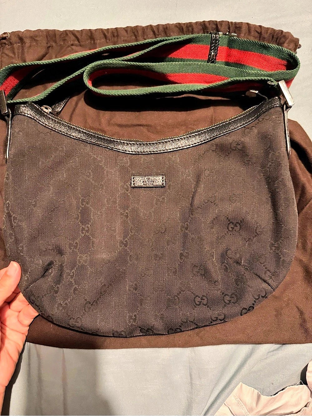 Gucci GG Canvas Web Line Messenger Hobo Bag Shoulder Bag Brown & Black